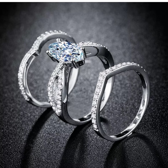 925Silver Marquise White Sapphire Wedding 3pc Ring - Picture 4 of 7